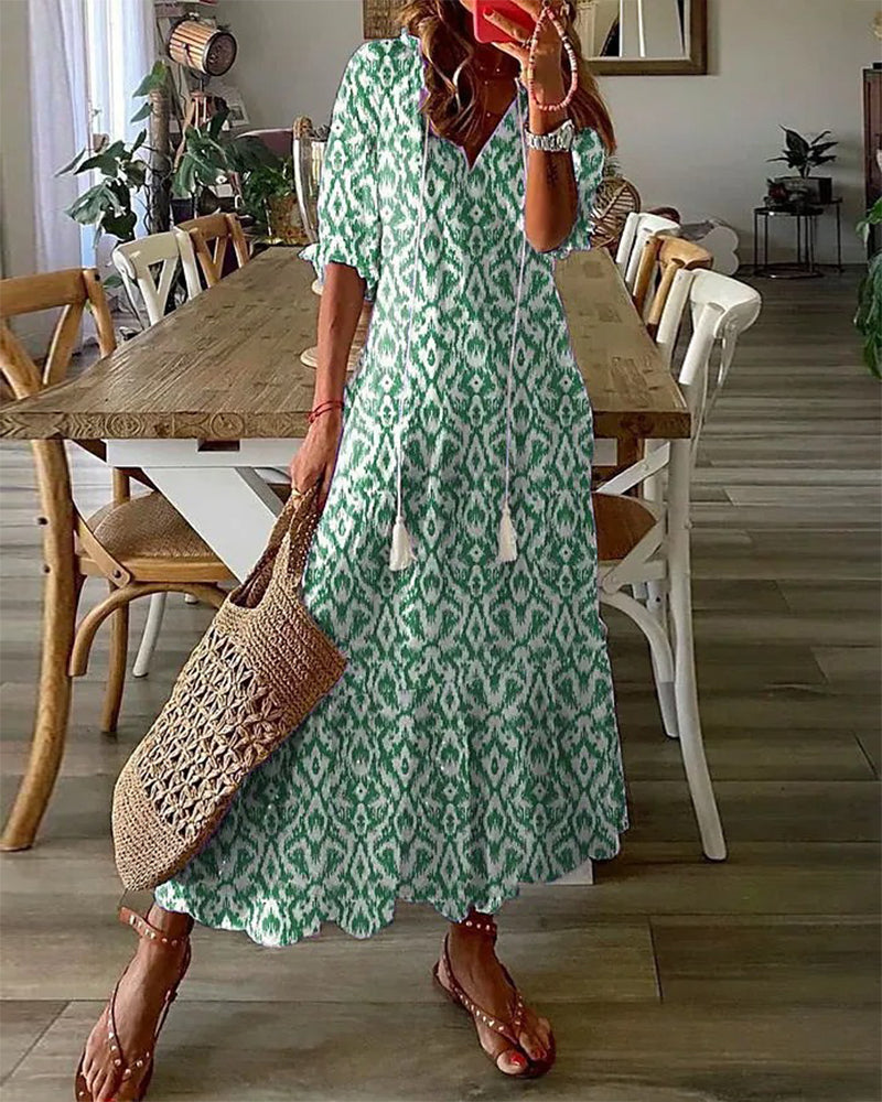 Andrea - Boho Vintage V-Neck Printed Dress