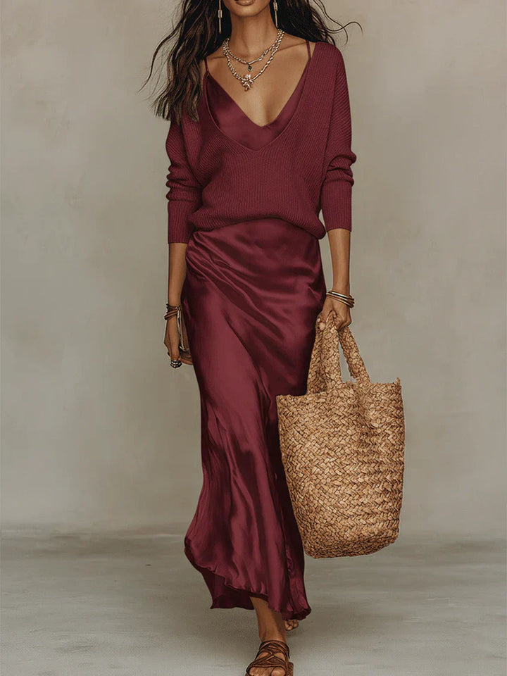 Lena | Midi Satin Dress with Included Sweater