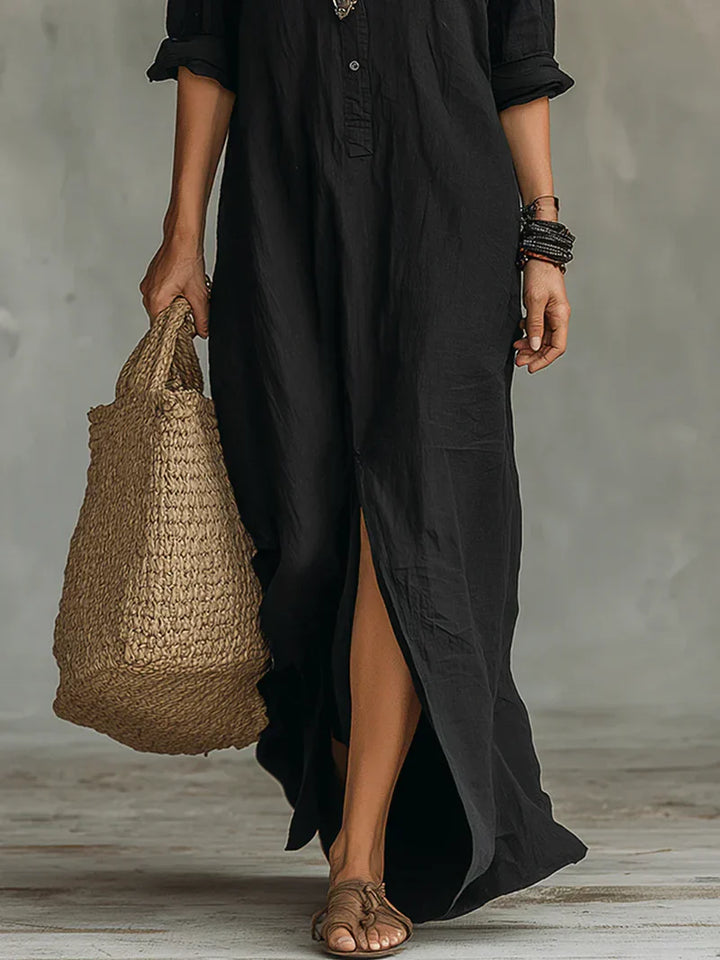 Céline™ | Black Loose-Fitting Maxi Dress with Buttons