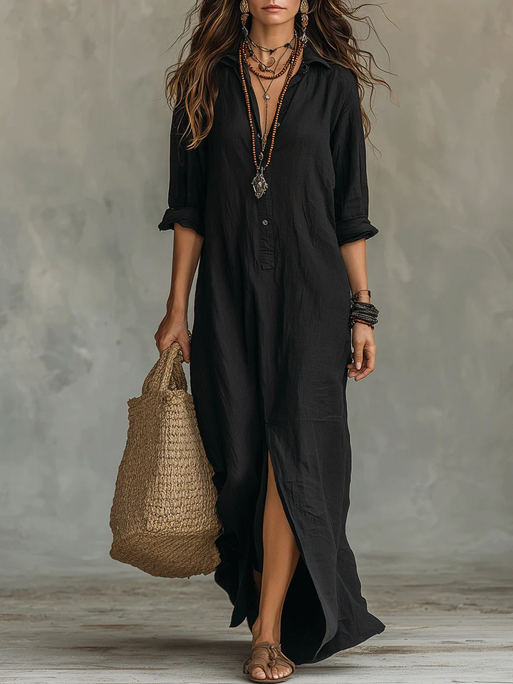 Coline™ | Oversized Black Maxi Dress with Buttons