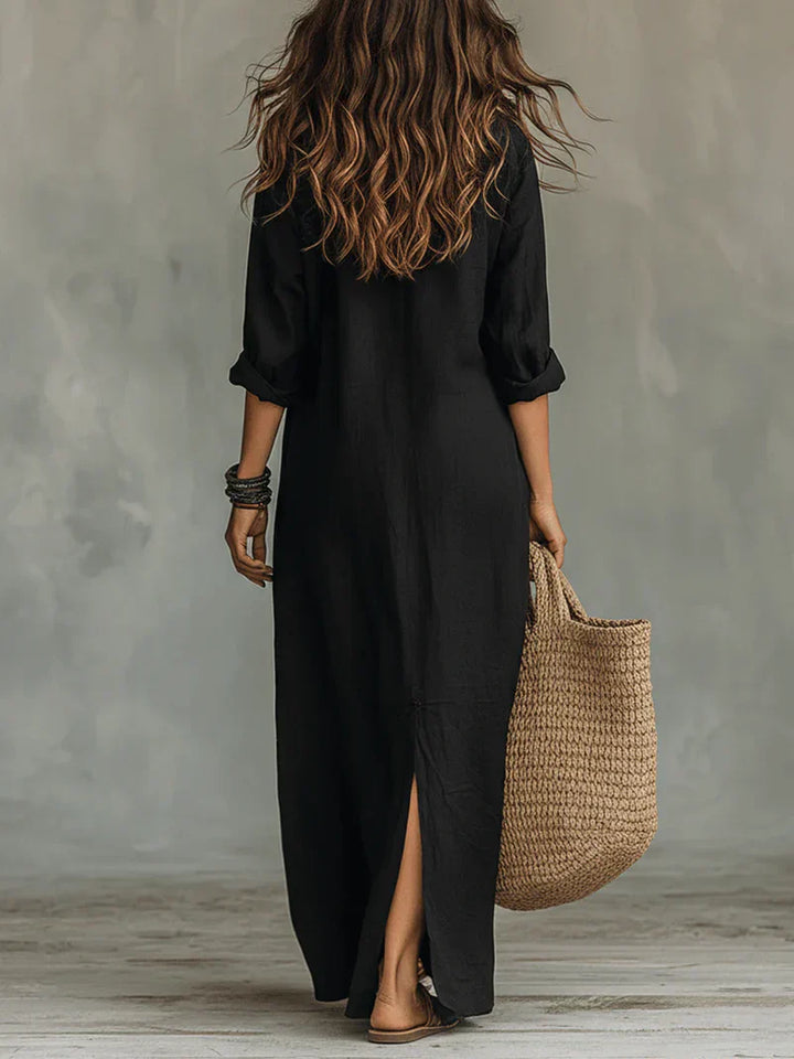 Céline™ | Black Loose-Fitting Maxi Dress with Buttons