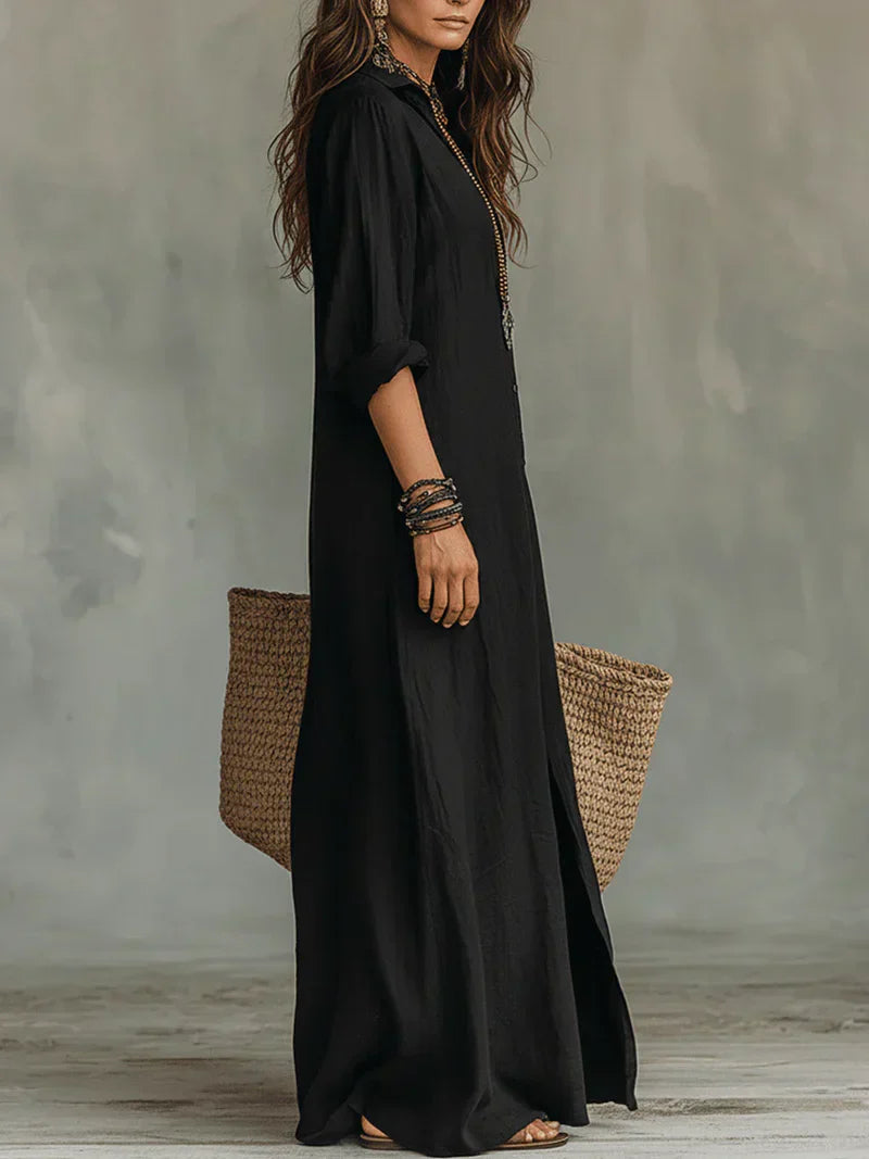Céline™ | Black Loose-Fitting Maxi Dress with Buttons
