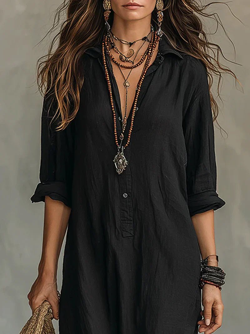 Céline™ | Black Loose-Fitting Maxi Dress with Buttons