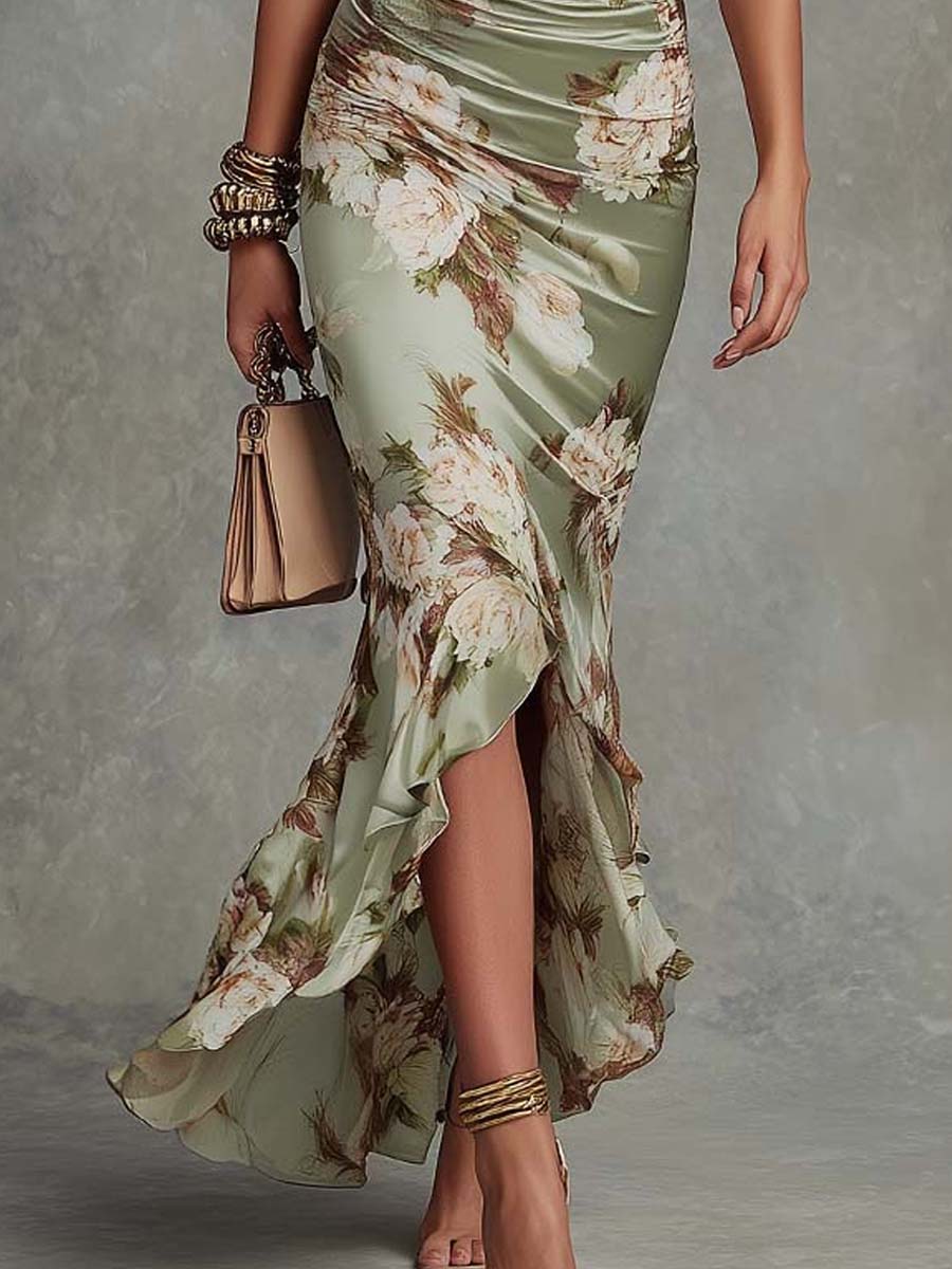 Nastasia | Asymmetrical Long Green Satin Dress